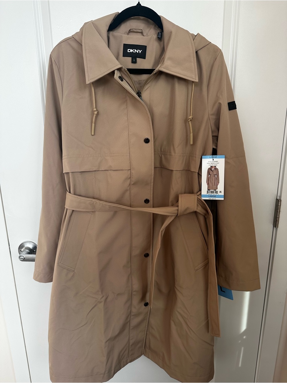 DKNY Khaki Trench Coat with Belt and Hood